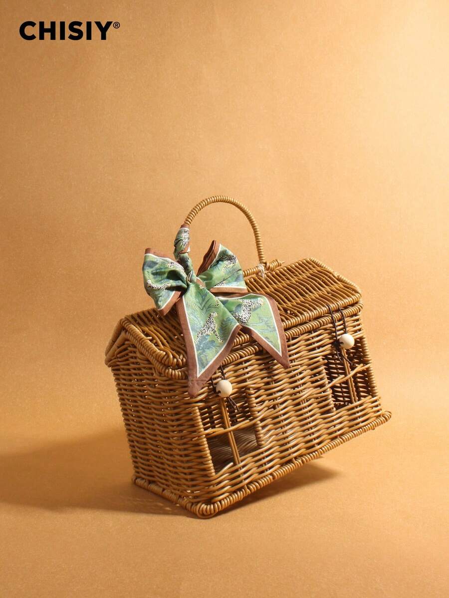 Original Handmade New Style Forest Style Girl Atmosphere Rattan Woven Box Bag Small House Shape Green Silk Scarf Bow Can DIY Handbag New Year's Gift - Brown - View 1