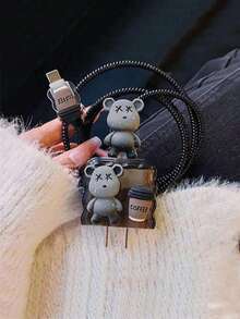 4pcs Black Wavy Bear & Coffee Bean 1.5m Data Cable Organizer, Protective Case For IPhone 12/13/14, 20W Fast Charging Cable - Multicolor - View 13