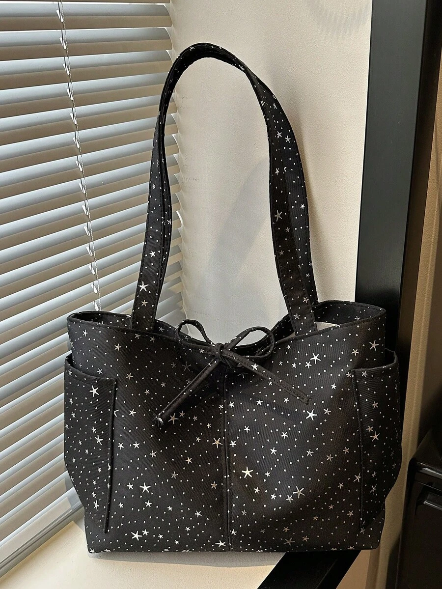 New Star & Moon Pattern Double Pocket Tote Bag, Fashionable Large Capacity Nylon Shoulder Bag For Women - Black - View 1