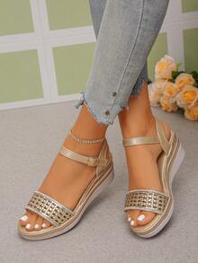 Sandalias de cuña doradas simples para mujer, de moda y elegantes, cómodas y versátiles, adecuadas para uso diario y actividades al aire libre en verano - Dorado - Ver 3