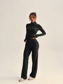 2pcs/Set Purple Zipper Fitted Long Sleeve Top + Loose Wide Leg Pants Yoga Outfit - Black - View 5