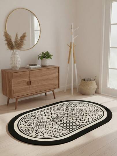 1件春夏新品，吸水硅藻土浴室地垫，复古黑白瓷砖椭圆形地毯，吸水浴垫，橡胶马桶门垫，浴室地垫，浴室地毯，门垫，小地毯，地毯，垫子，家居装饰，区域地毯