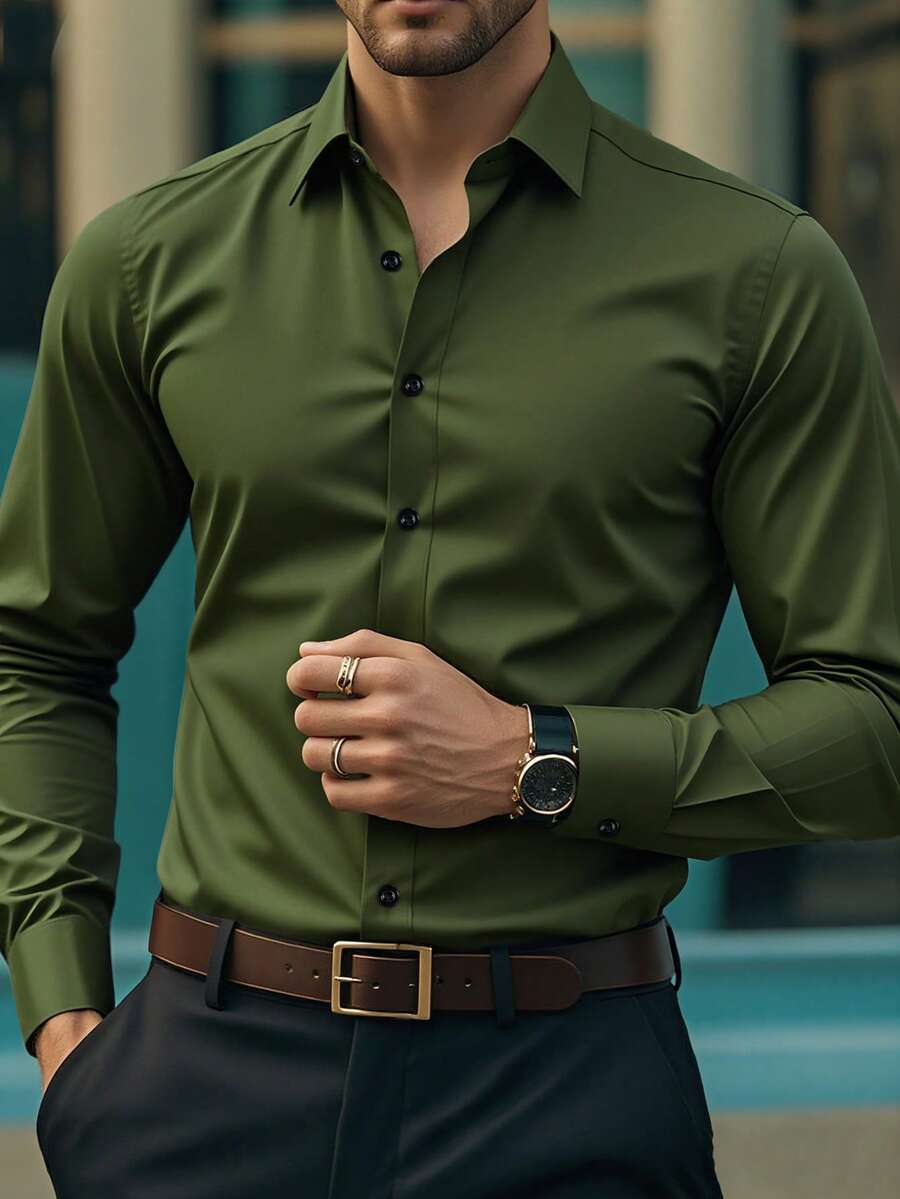 男士纯色纽扣设计商务正装长袖衬衫