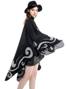 Áo choàng nữ cổ điển bằng chất liệu giả cashmere, xẻ tà, ấm áp, kiểu dáng sang trọng. Áo choàng vai họa tiết jacquard hình đám mây may mắn. - màu đen - Xem 3