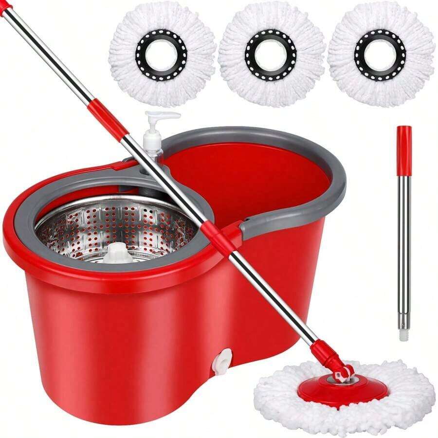 Spin Mop And Bucket With Wringer Set, 360° Mop And Bucket System With 3 Microfiber Mop Refills And 61" Extended Handle For Floor Cleaning - 紅色的 - 查看 1