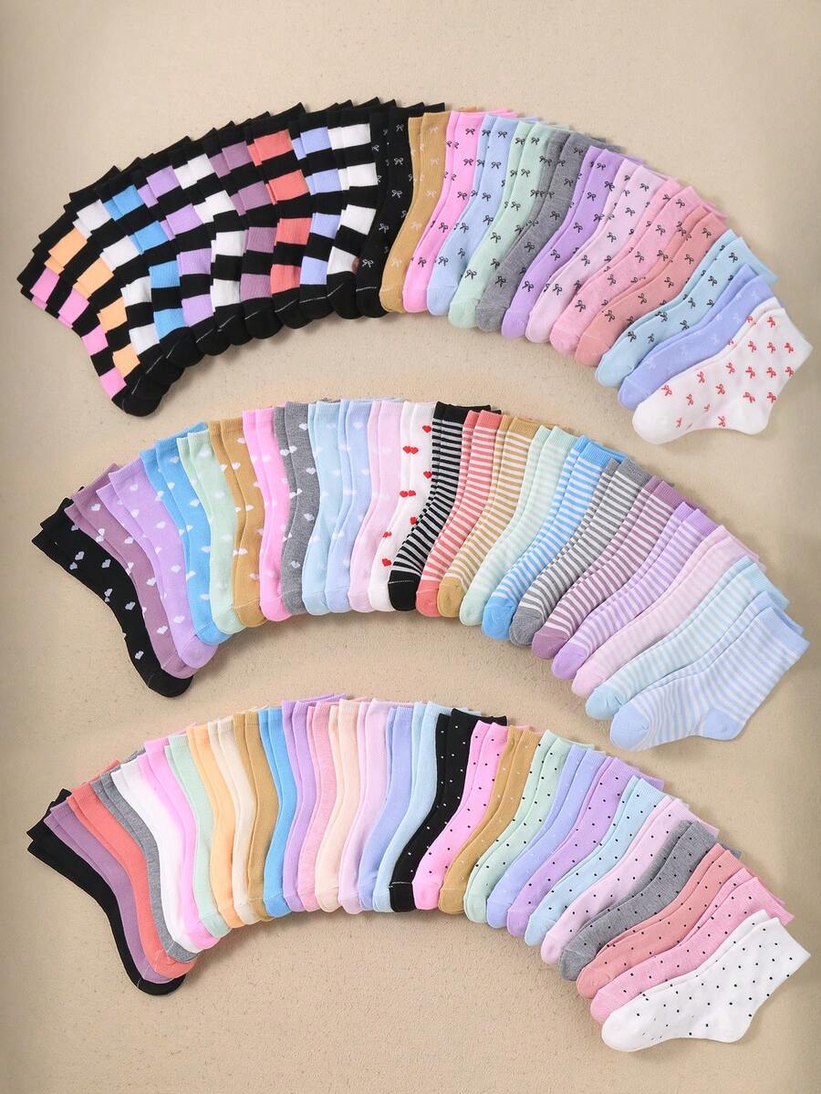 20/10/5 Pairs Kids Cute Heart, Stripe, Bow, Polka Dot Print Socks, Soft Breathable Everyday Mid-Calf Socks, Back To School Essential, Suitable For Girls Aged 1-14 For Daily Life And Sports, Moisture-Wicking Comfortable Growing Socks, Girls Patterned Socks, Children Seamless Socks, Girls Knitted Socks, Assorted Styles - Multicolor - View 1