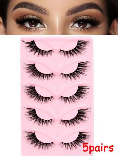 5pairs Feathered False Eyelashes With Cat-Eye Ends That Elongate And Thicken, Resembling Fox-Like Slanted Flight, Giving A Naturally Thick And Dense Look.