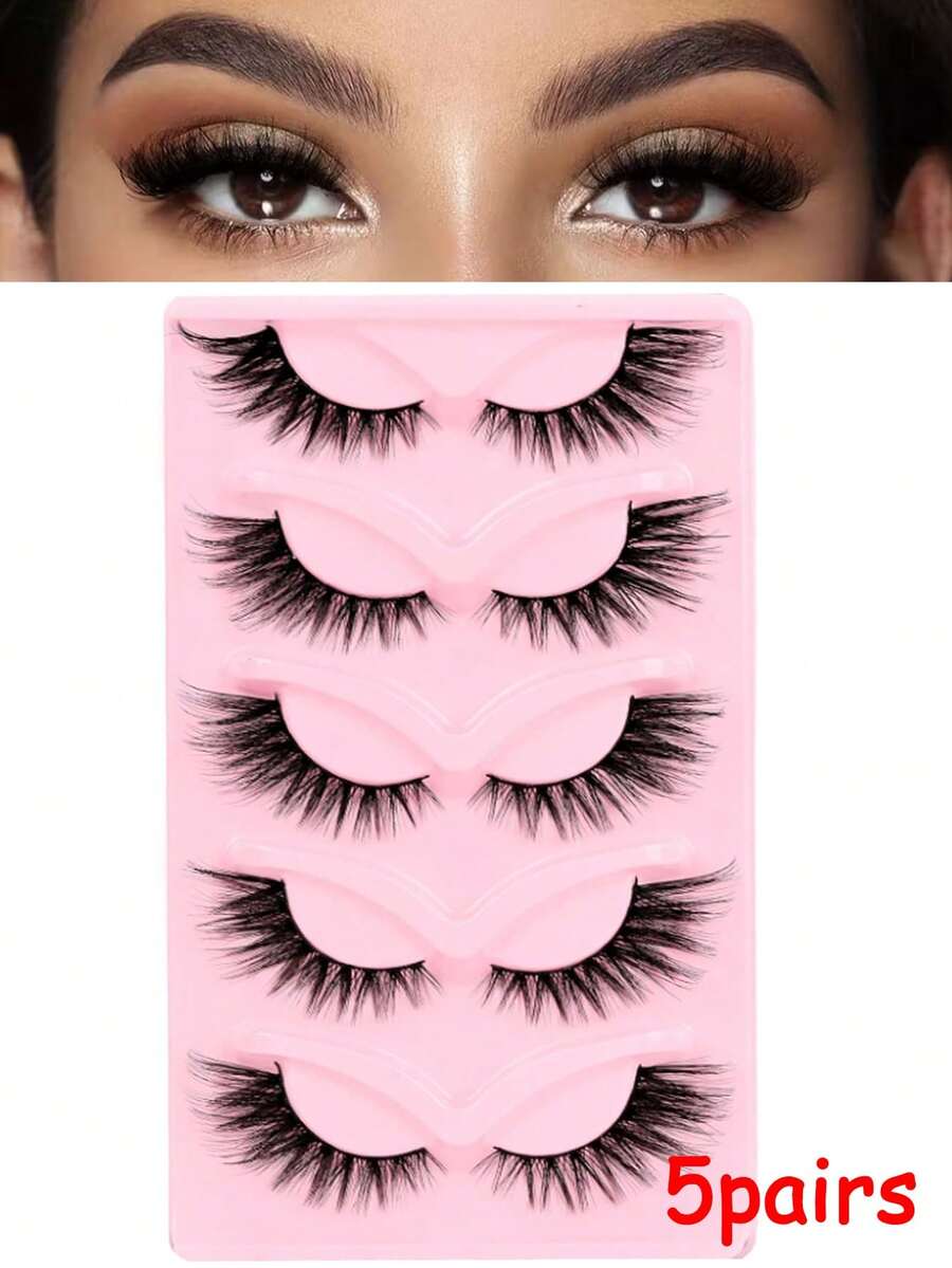 5pairs Feathered False Eyelashes With Cat-Eye Ends That Elongate And Thicken, Resembling Fox-Like Slanted Flight, Giving A Naturally Thick And Dense Look. - Black - View 1