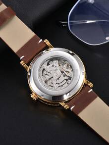 1pc Men's Automatic Mechanical Watch, Chessboard Pattern International Chess Mechanical Wristwatch, Retro Roman Numeral Business Style Leather Strap Watch, Suitable For Daily Wear - Brown - View 8