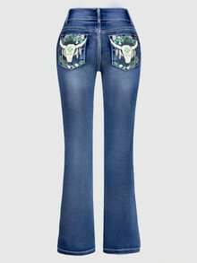 Light Blue Washed Distressed High-Waisted Flared Jeans With Bull's Head And Floral Embroidery On The Back Pocket. Retro Western Style Slimming Casual Trousers. - 藍色 - 查看 5