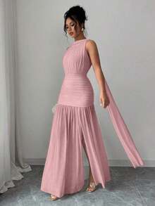 Women's Elegant Solid Color Backless Pleated Slit Dress, Summer - Pink - View 5