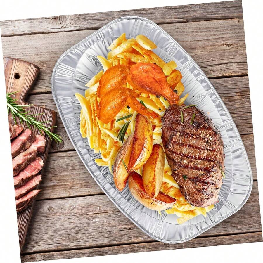 5 Khay nhôm | Khay phục vụ hình chữ nhật 35 x 23 cm | Khay dùng một lần chịu lực cao | Hoàn hảo cho tiệc buffet, sinh nhật, đám cưới, tiệc nướng BBQ, tiệc tùng - Bạc - Xem 1