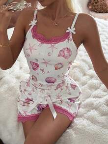 Conjunto de pijama de camiseta y pantalón corto con estampado de conchas, con adorno de encaje y estampado floral, ropa de estar por casa ligera de verano de 2 piezas para mujer - Morado - Ver 8