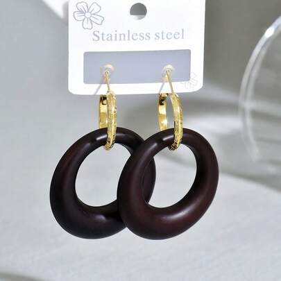 1 Pair Women's Stainless Steel Minimalist Geometric Wooden Drop Earrings, Suitable For Daily Wear And Vacation