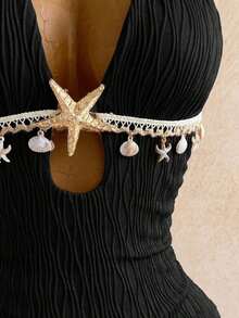 White Halter Twist Bodycon Mini Dress, Metal Accessories, Shell Decor, Beach Resort Vacation, Summer Outfit,White Dresses For Women - Black - View 4