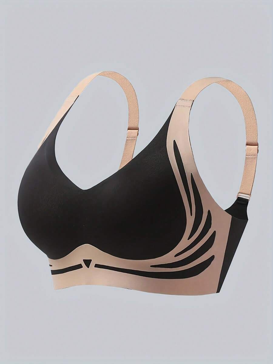 Two-Tone, With Back Clasp, Adjustable, Push-Up, Seamless, No Underwire, Comfortable, Bra - 黑色 - 查看 1