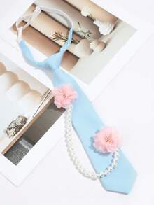1件女士时尚浅蓝色花朵珍珠链装饰可爱风格领带，适合派对、学校、约会、衬衫搭配、节日、旅行 - 淺藍色 - 查看 2