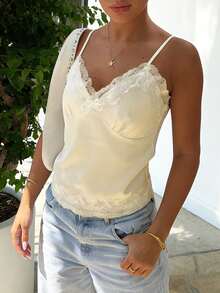 Women Y2k Spaghetti Strap Tank Top Lace Trim Sexy V Neck Crop Top Coquette Camisole Aesthetic Going Out Top - vàng nhạt - Xem 6