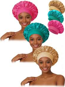 3pcs Women's Multi-Color Wide-Brim Headband, Silk Satin Material, Suitable For Everyday Wear Hair Sleep Cap Sleep Bonnet - Rose Khaki Hole Blue - View 4