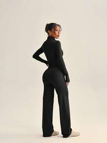 2pcs/Set Purple Zipper Fitted Long Sleeve Top + Loose Wide Leg Pants Yoga Outfit - Black - View 3