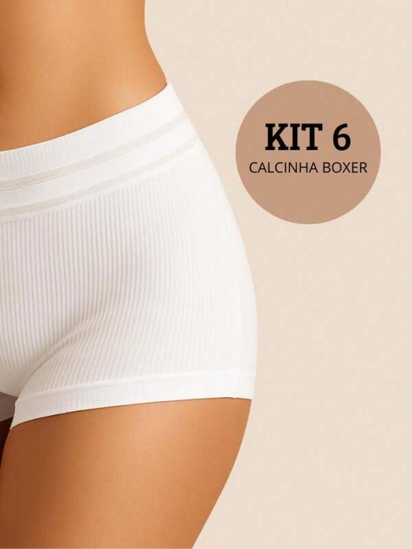Kit 6 Calcinhas Boxer Canelada Shortinho Sem Costura Cueca Feminina Poliamida Importada Confortável Não Marca