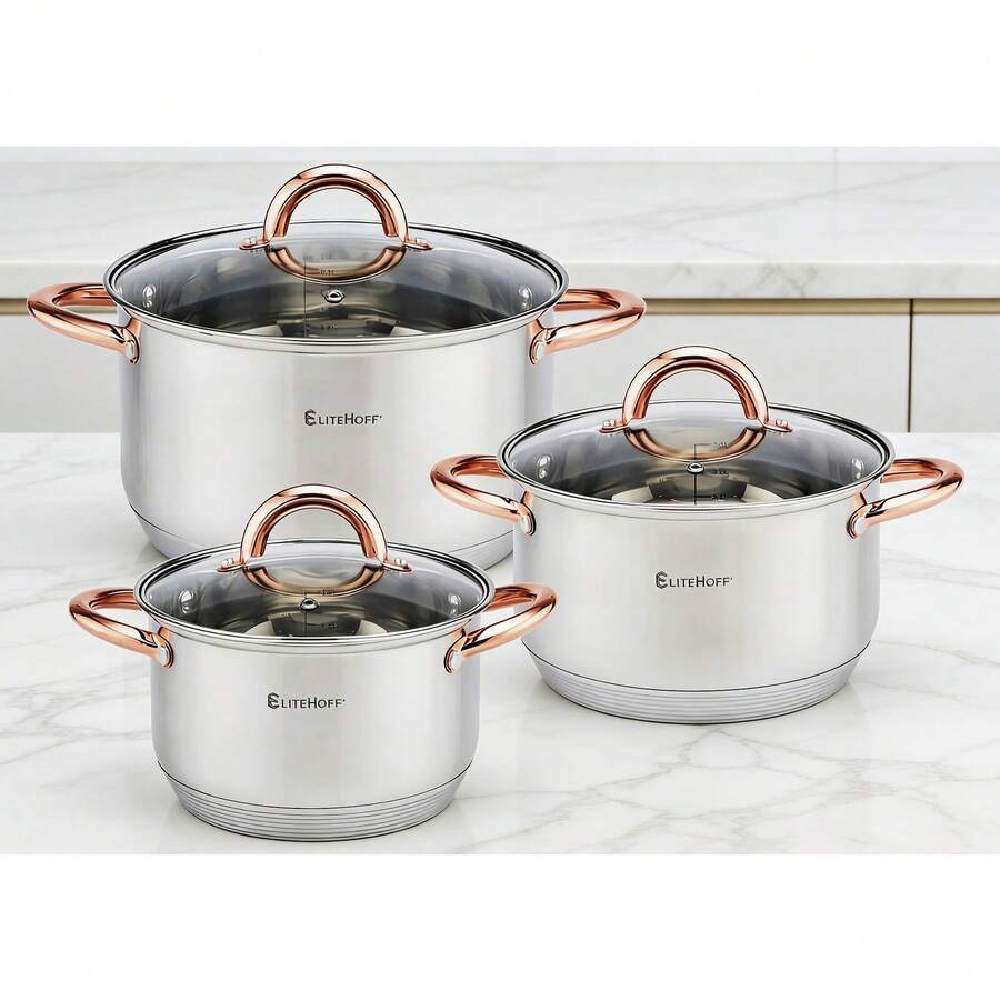 6-Piece Stainless Steel Cookware Set With Glass Lids, Rose Gold Handles, 7-Layer Thick Base, Induction Compatible Cooking Pots For Gas, Electric & Ceramic Hobs - View 1