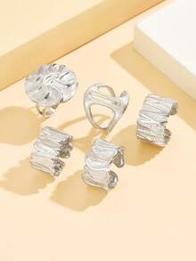 5pcs Asymmetrical Lava Design Open Rings Set, Exaggerated Thick Metal Geometric Stainless Steel Rings, Waterproof Non-Fading Jewelry For Women Party Wear - Geometry - View 11