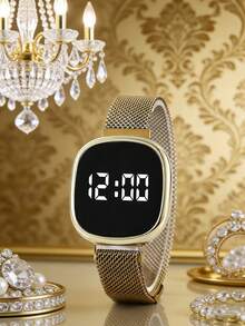 Fashionable Square Touchscreen Watch For Teenagers, Gold Water Drop Bracelet, Necklace, Ring, Earring Set, Magnetic Alloy Strap, Non-Rechargeable Battery, Suitable For Daily, Party, Gift - Gold - View 5