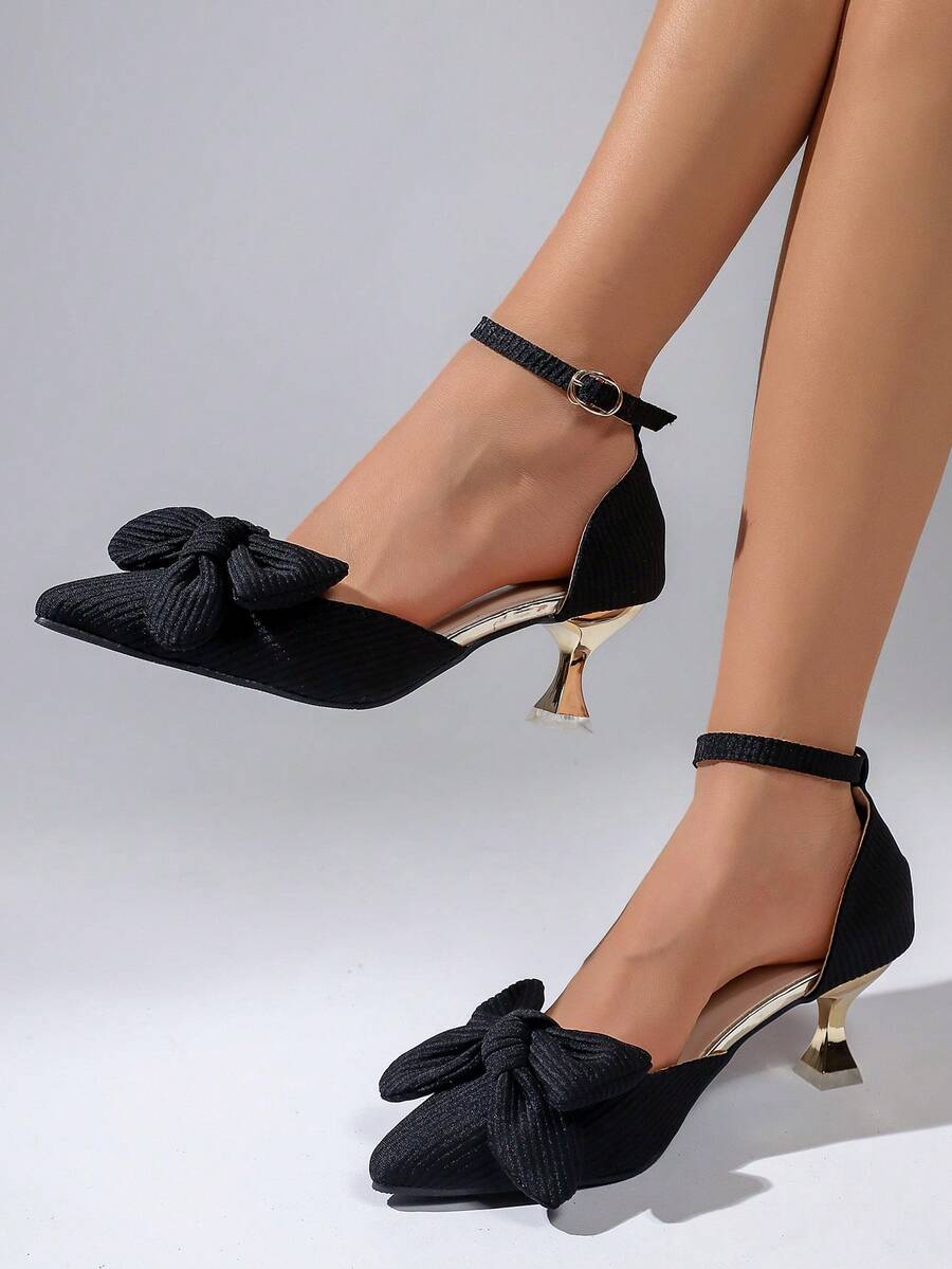 Solid Color High Heel Shoes For Women, Pointed Toe Slip-On Office Pumps, French Style With Rhinestones - Black - View 1