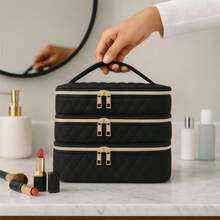 Three-Layer Cosmetic Bag, Large-Capacity Cosmetic Organizer, Quilted Travel Toiletry Bag, Gold Zipper, Women's Portable Makeup Case. This Stylish Three-Layer Cosmetic Bag Features A Sophisticated Quilted Design And Durable Construction, Perfectly Organizing All Your Beauty Essentials. - Multicolor - View 5