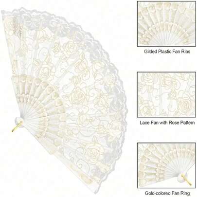 1把/4把优雅复古玫瑰蕾丝花卉手扇。这些复古风格的白色玫瑰扇采用白色和金色花卉配色方案，非常适合婚礼庆典、新娘派对、各种聚会和教堂装饰；它们也是舞蹈和社交活动的绝佳道具。