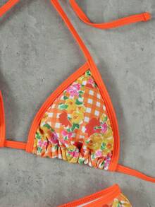 Conjunto de bikini y tanga triangular con estampado floral y escote halter sexy para mujer, ideal para la playa en verano - Multicolor - Ver 6