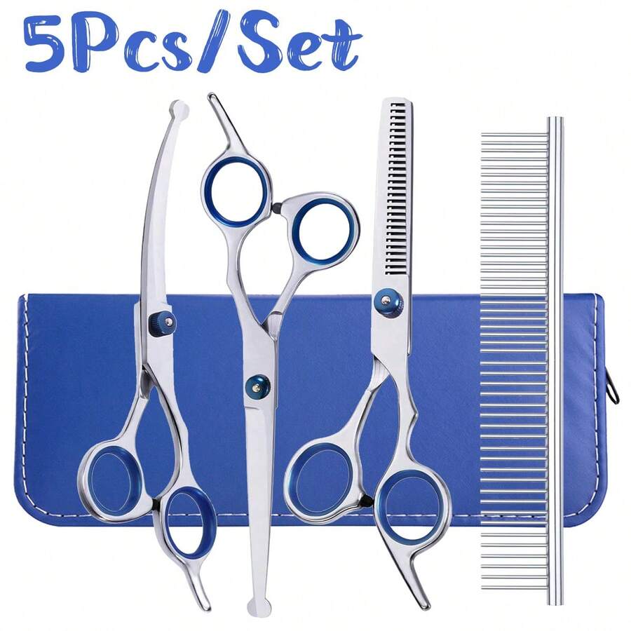 Dog Grooming Scissors With Round Tips,5 In 1 Dog Grooming Scissors Kit, 4CR Stainless Steel Professional Pet Grooming Shears For Dog, Cat,Sharp And Sturdy - Blue - View 1