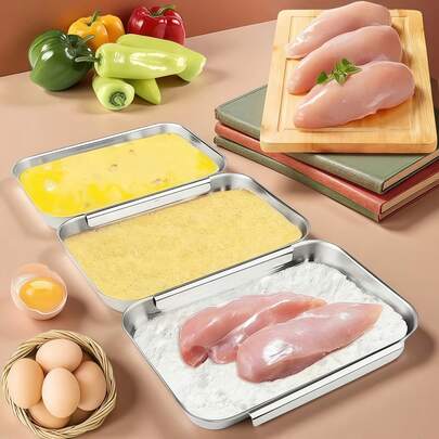 Bộ 3 khay tẩm bột bằng thép không gỉ, dùng để phủ bột cho ức gà, thịt/cá ướp, bột chiên xù kiểu Nhật (Panko), rau củ muối chua, chiên ngập dầu, nướng bánh, dùng trong lò nướng. Thích hợp cho trang trí nhà cửa mùa thu phương Tây, Halloween.