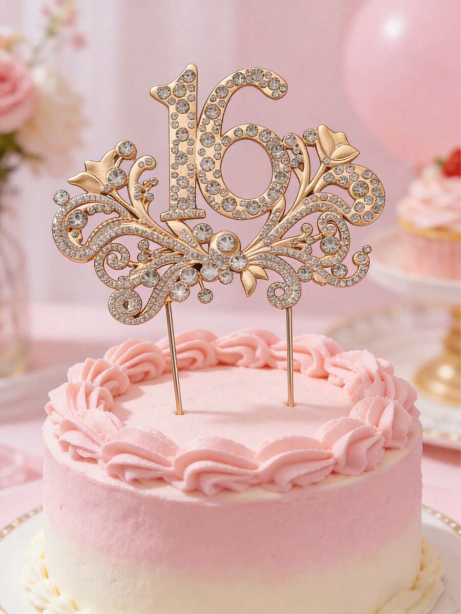 1 pieza Decoración de tope de pastel de 16 cumpleaños, adornado con rhinestones y el número decorativo 16, adecuado para fiestas de adolescentes y diversas celebraciones durante todo el año - Multicolor - Ver 1