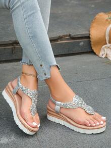 1雙閃亮水鑽鏤空夾腳拖鞋，仿木平台高跟厚底銀色涼鞋，適合夏季度假與日常穿著，楔形涼鞋 - 銀色-銀鑽 - 查看 5