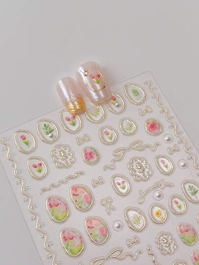 1pc Bronze Jelly Tulip Nail Art Sticker, Cute Japanese Floral Pearl Nail Sticker, 5D Flower Nail Art Decals Nails Nail Supplies Nail Stickers