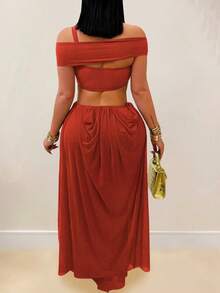 Party Sexy Strapless Sheer Mesh Dress Beach Vacation Outfits - 磚紅色 - 查看 3