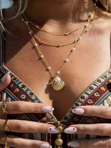3 pièces/set Collier pendentif minimaliste élégant vintage géométrique, faux perle, coquillage, étoile de mer, perle. Ensemble de colliers multicouches en chaîne métallique. Convient pour les vacances, les fêtes, le port quotidien, les cadeaux - Or jaune - Voir 1