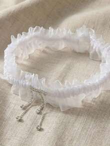 欧美风白色蕾丝边弹力吊袜带，饰有水钻和流苏，性感大腿吊袜带 - 白色 - 查看 4