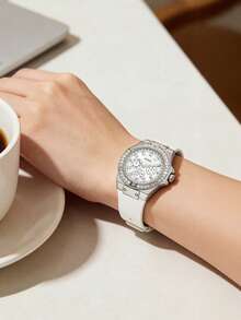 Guess Women's White Silicone Strap, Silver Metal Case Inlaid Rectangular Crystal Multi-Function Sparkling Fashion Elegant Style Versatile Watch, Suitable For Party, Wedding, Daily Wear - Silver - View 3