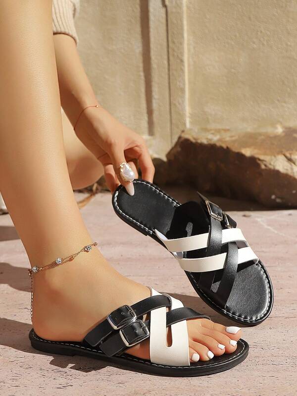 Women's Fashion, Summer Black Contrast Color Criss-Cross Buckle Sandals, Holiday Party Birthday Gift, Outdoor Flat Round Toe Slippers, Shopping And Dating