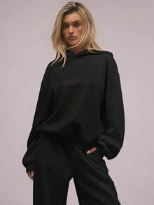 Women's Oversized Hooded 2 Piece Tracksuit Casual Loose Fit Hoodie And Wide Leg Pants Set Women's Casual Oversized 2 Piece Hooded Tracksuit - 黑色/夏季輕薄款 - 查看 1