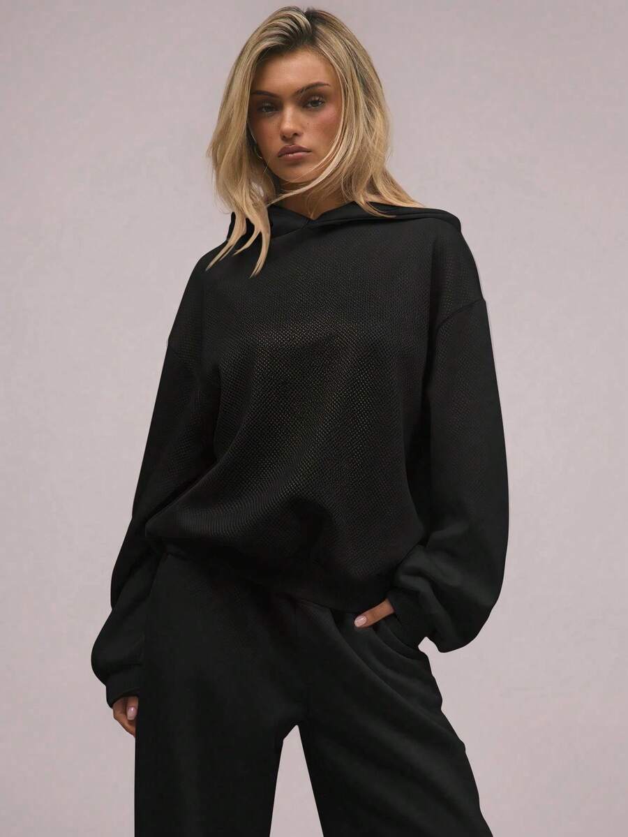 Women's Oversized Hooded 2 Piece Tracksuit Casual Loose Fit Hoodie And Wide Leg Pants Set Women's Casual Oversized 2 Piece Hooded Tracksuit - 黑色/夏季輕薄款 - 查看 1