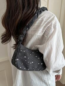 Bolso de hombro de mujer de estilo casual y elegante, hecho de poliéster, decorado con estrellas por todas partes, diseño exquisito y compacto, adecuado para salidas diarias, compras, citas, fiestas, ir al trabajo, para todas las estaciones, un regalo ideal para mujeres que buscan un estilo casual y de moda - Negro - Ver 5