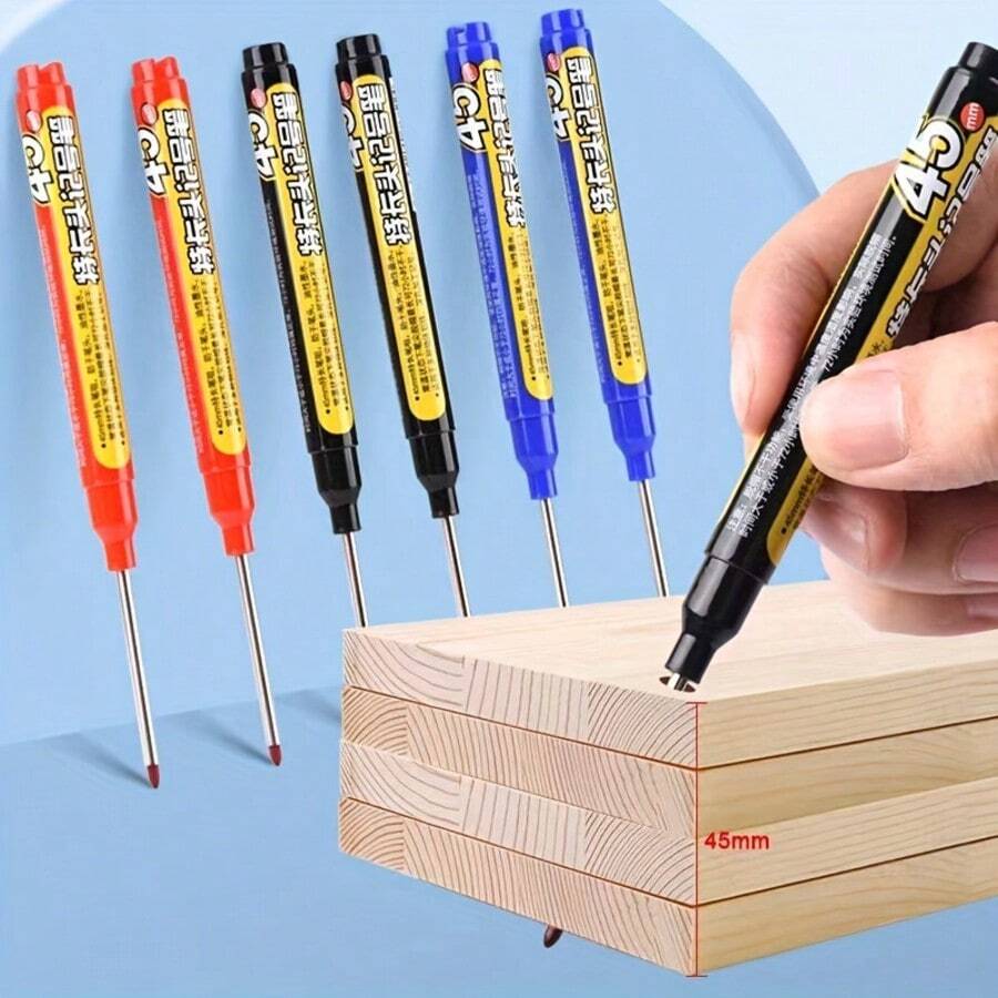 1/5pcs Deep Hole Marking Pencil Set | 45mm Long Tip Solid Woodworking Pencil With Cap And Scale, Waterproof And Fade-Resistant Marking Tool, Suitable For Woodworking, Construction, Carpentry And Projects [Tile Marking Pencil] Professional Long Marking Pencil Set