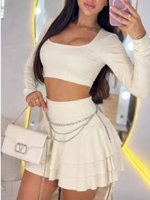 Women's Set: Cropped Top With Long Sleeves And Short Skirt With Ruffles - White - View 2