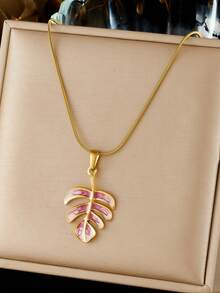 1 chiếc mặt dây chuyền hình lá màu tím gradient thời trang và giản dị, làm bằng thép không gỉ mạ vàng. - Vàng - Xem 1