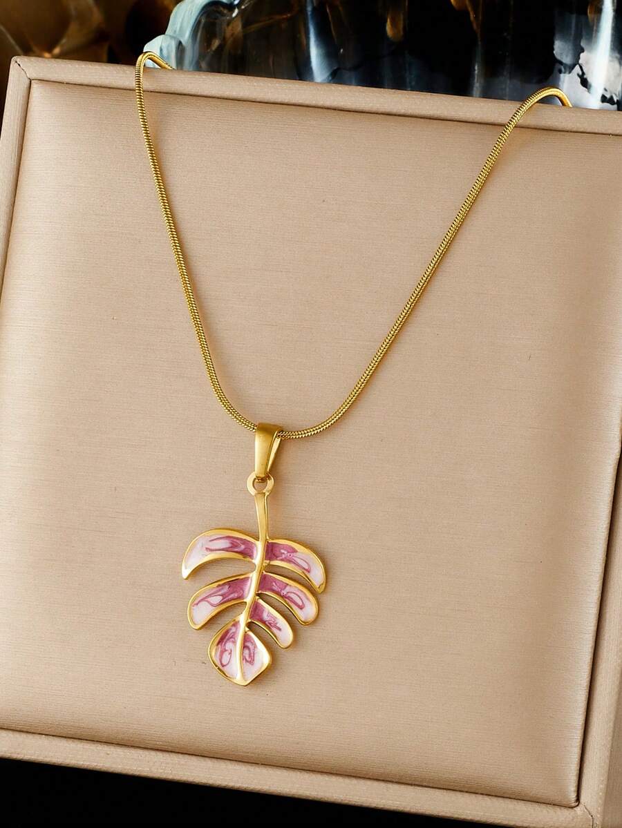 1 chiếc mặt dây chuyền hình lá màu tím gradient thời trang và giản dị, làm bằng thép không gỉ mạ vàng. - Vàng - Xem 1