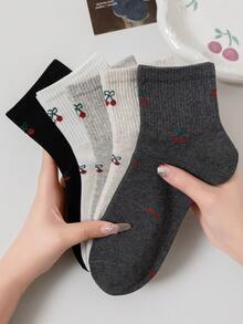 5 Pairs Cherry Print Socks For Women, Thin Fashionable Short Socks With Full Coverage Fruit Cherry Pattern, Soft Breathable Non-Binding White Student Socks, Versatile Must-Have (Random Color) - Multicolor - View 2
